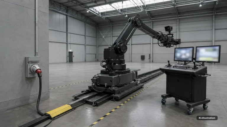 Robotischer Kameraarm auf einer Bodenschiene in einer leeren Studiohalle, daneben Bedienpult und Starkstromanschluss an der Wand