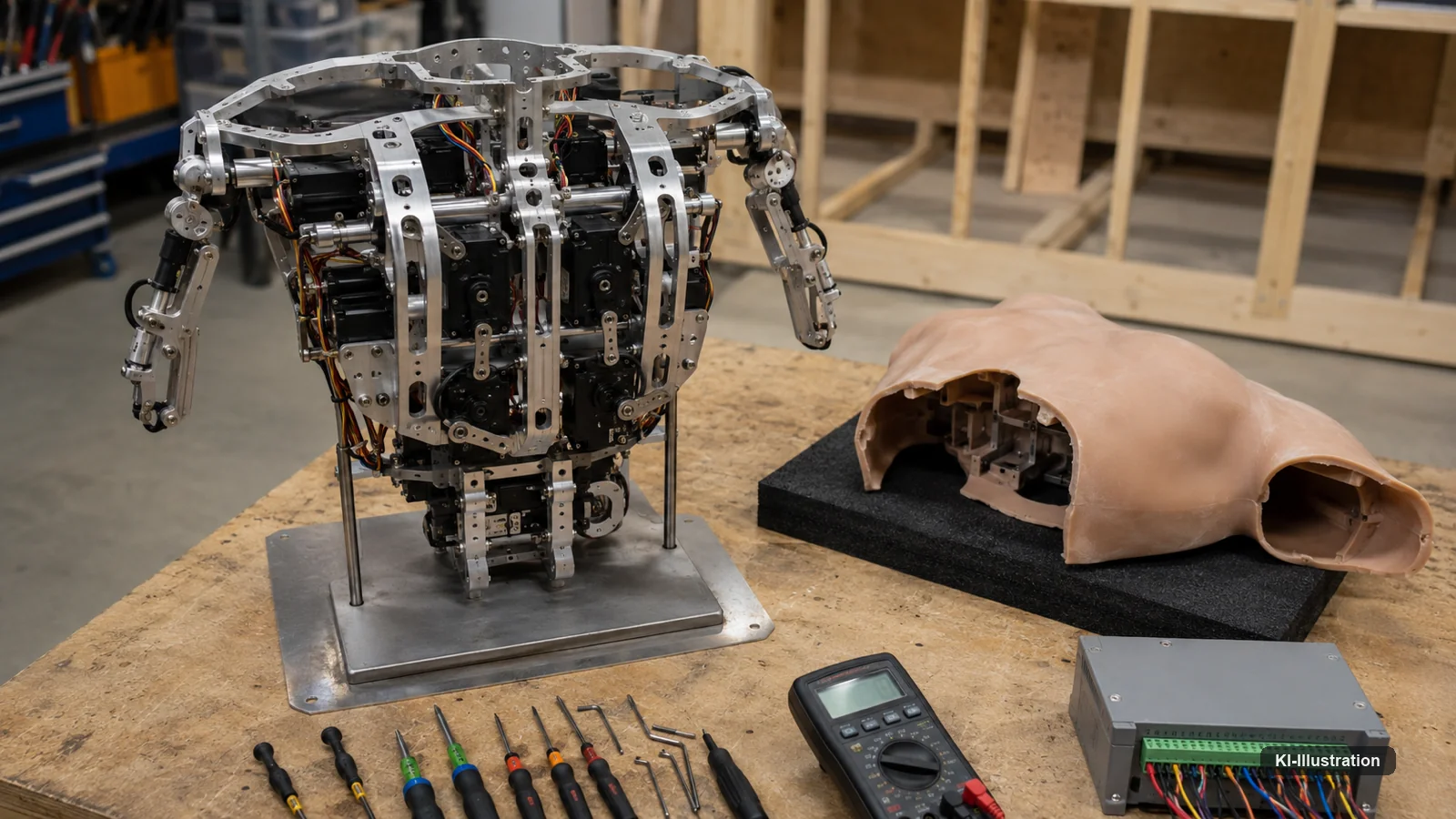 Halb zerlegter Rumpf einer Animatronikfigur auf einem Montageständer in einer Werkstatt mit Servoantrieben, Kabelbaum und abgenommenem Silikonteil