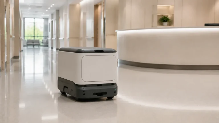 Autonomer Lieferroboter auf einem Krankenhausflur.