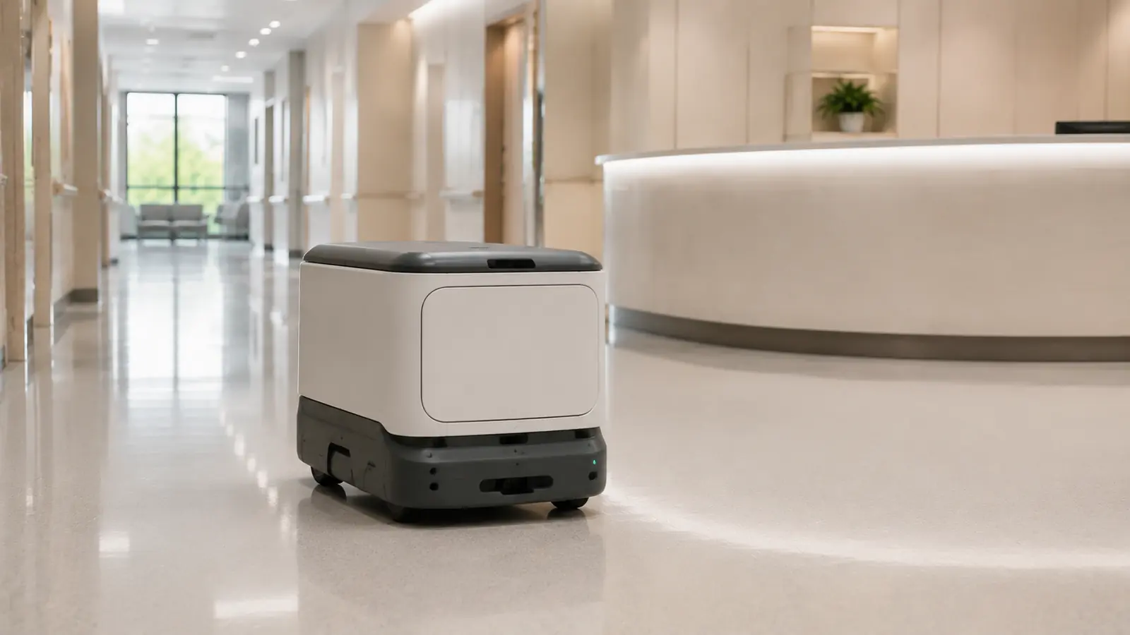 Autonomer Lieferroboter auf einem Krankenhausflur.