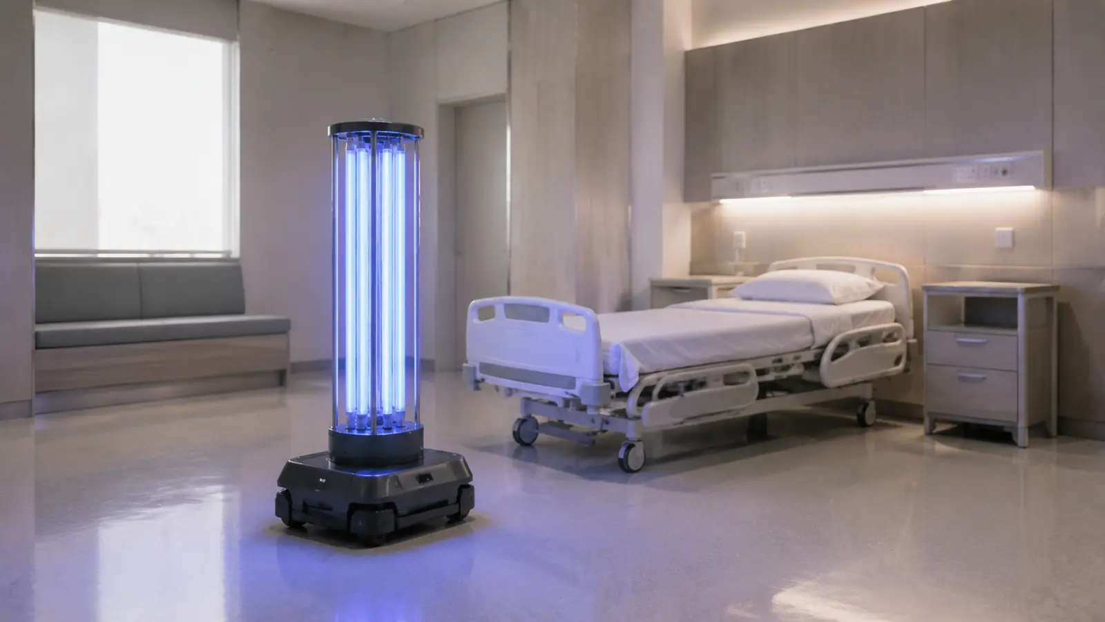 Mobiler Desinfektionsroboter mit UV-C-Lampen in einem leeren Patientenzimmer.