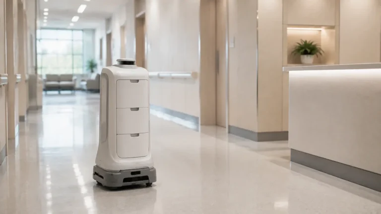 Autonomer Serviceroboter mit Fächern auf einem Krankenhausflur.