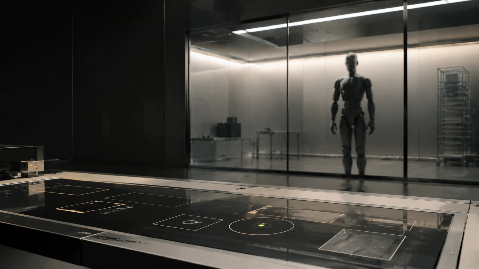 Generische Roboter-Silhouette hinter Sicherheitsglas vor einem ruhigen Lagebild-Interface.