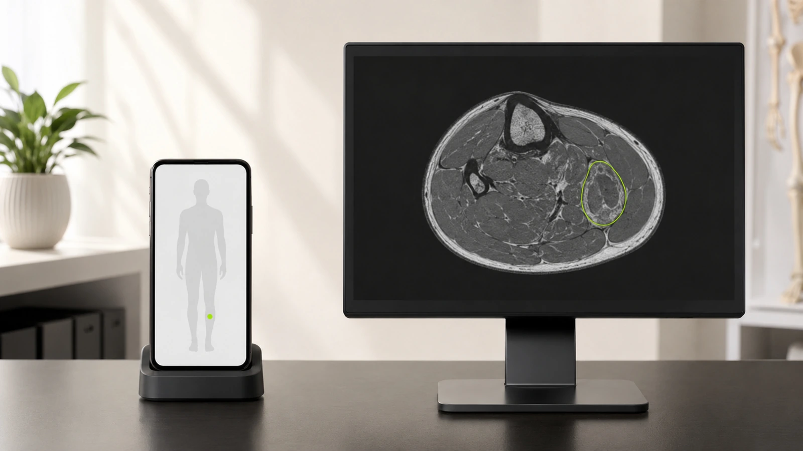 Einfaches Consumer-Health-Gerät neben einer klinischen Workstation als Vergleich zweier Diagnosewege