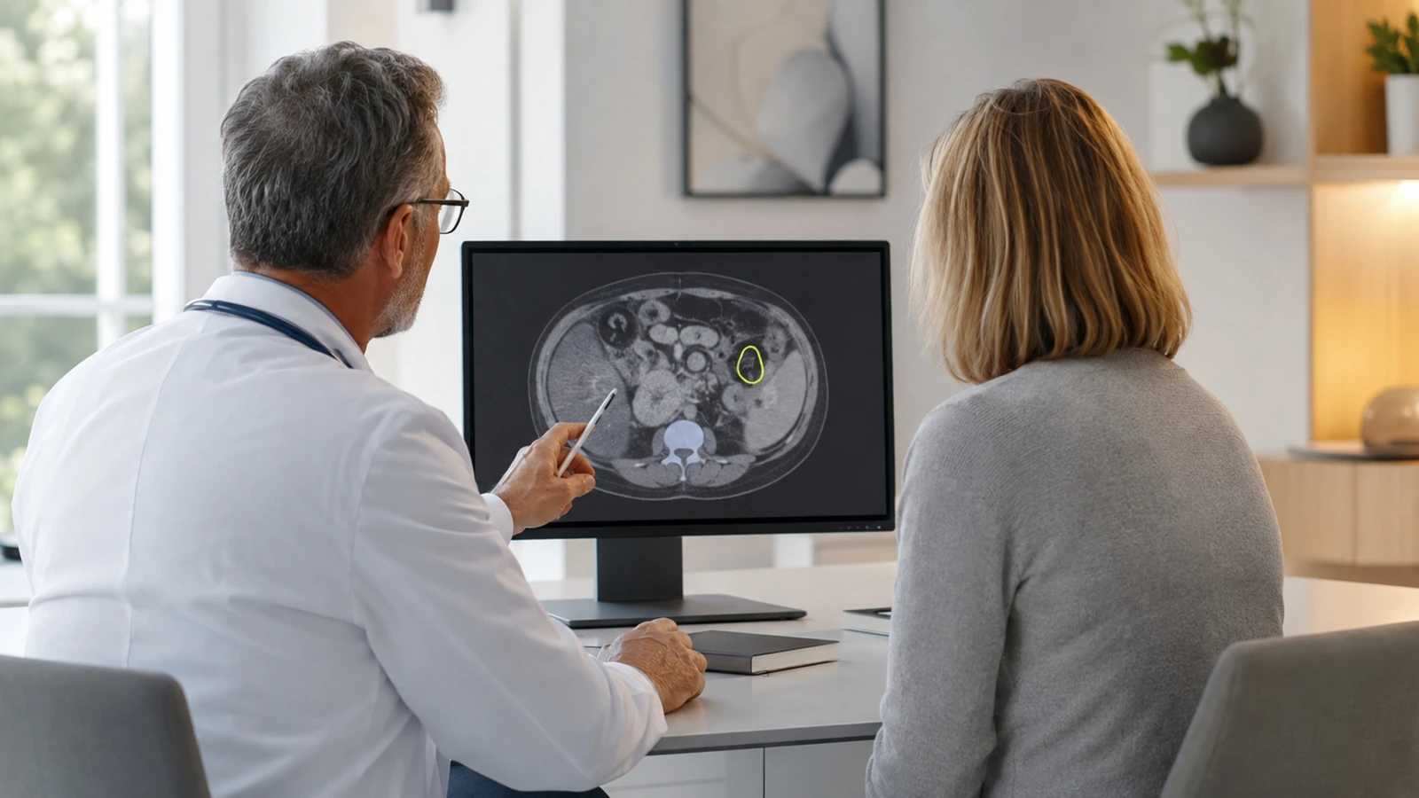 Arzt und Patient im Gespräch, dazwischen ein Bildschirm mit generischem Scan und dezenter Lime-Markierung