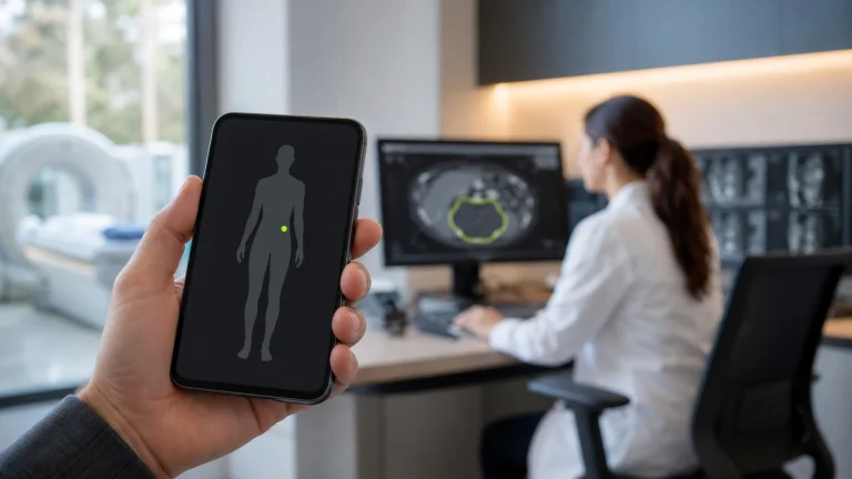 Hand mit Smartphone zeigt eine abstrakte Gesundheits-Oberfläche, dahinter unscharf eine Ärztin am Arbeitsplatz
