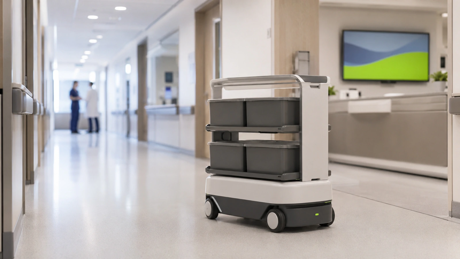 Ein generischer Transport-Serviceroboter fährt durch einen hellen Klinikkorridor und automatisiert Abläufe