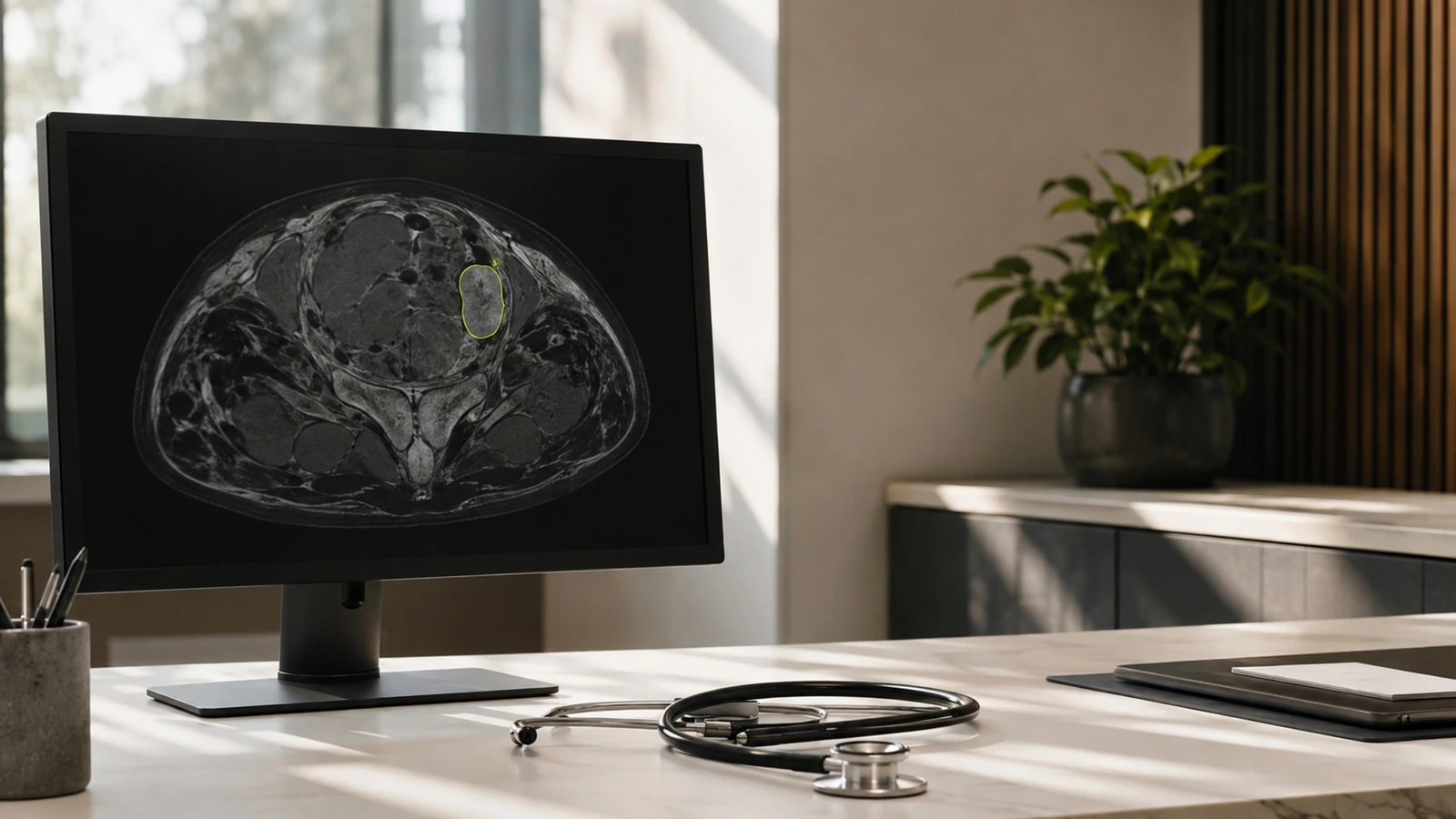Klinik-Workstation mit Monitor, generischem Scan und Stethoskop nebeneinander im medizinischen Alltag