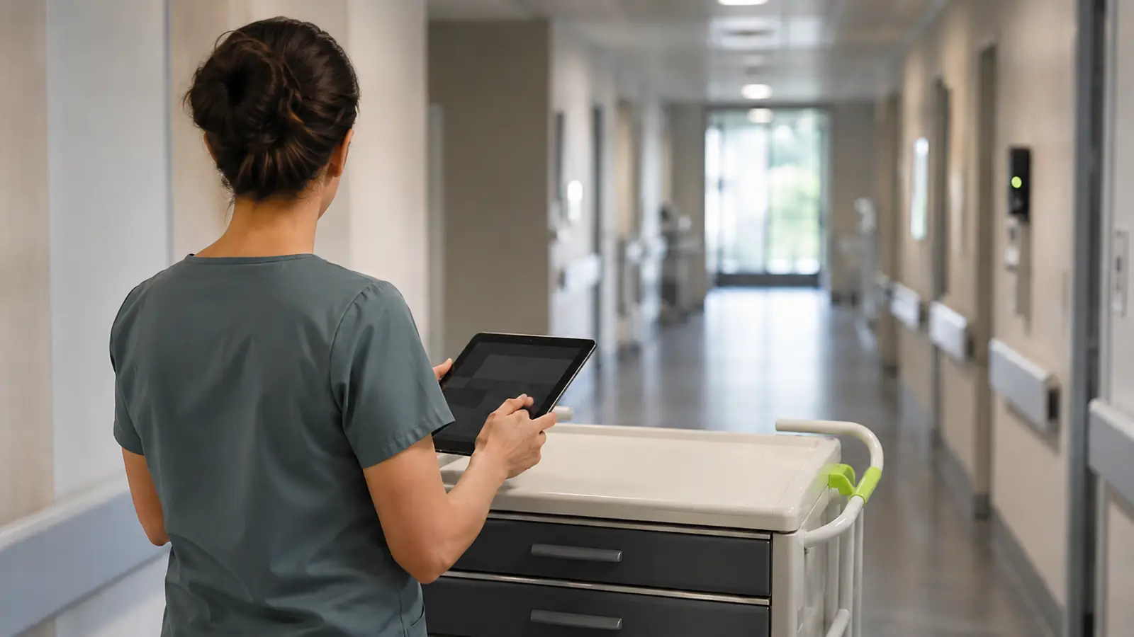 Pflegekraft dokumentiert am Visitenwagen mit Tablet auf dem Stationsflur