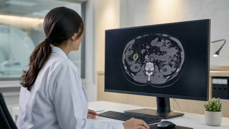 Ärztin betrachtet einen Monitor, auf dem KI in der Medizin einen Bereich im Schnittbild lime umrandet hat