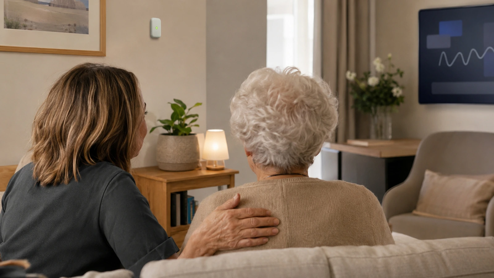 Dezenter Assistenz-Sensor mit einem einzelnen Lime-Statuspunkt im Zimmer, unaufdringlich im Hintergrund