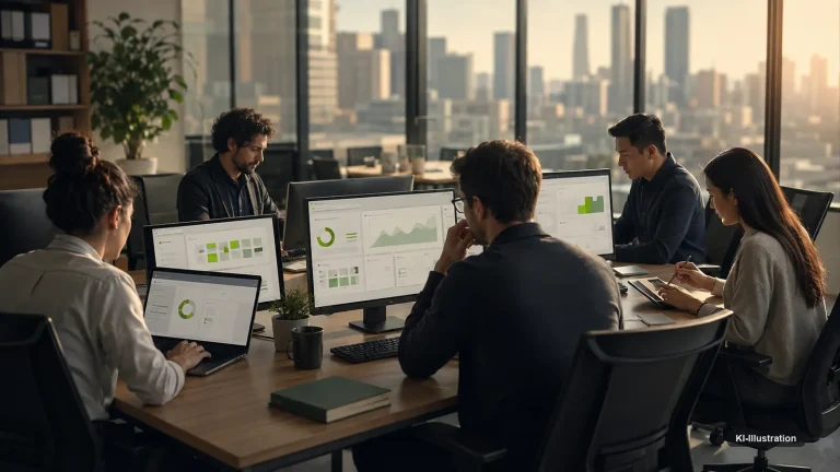 Fünf Menschen arbeiten an einem langen Tisch in einem hellen Entwicklungszentrum, auf den Bildschirmen Diagramme und Prüfansichten, dahinter eine Glaswand mit unscharfer Stadtsilhouette