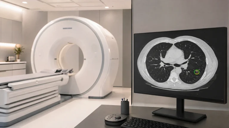 Generischer CT-Scanner im ruhigen Raum, am Monitor ein Low-Dose-CT der Lunge mit lime markiertem Bereich