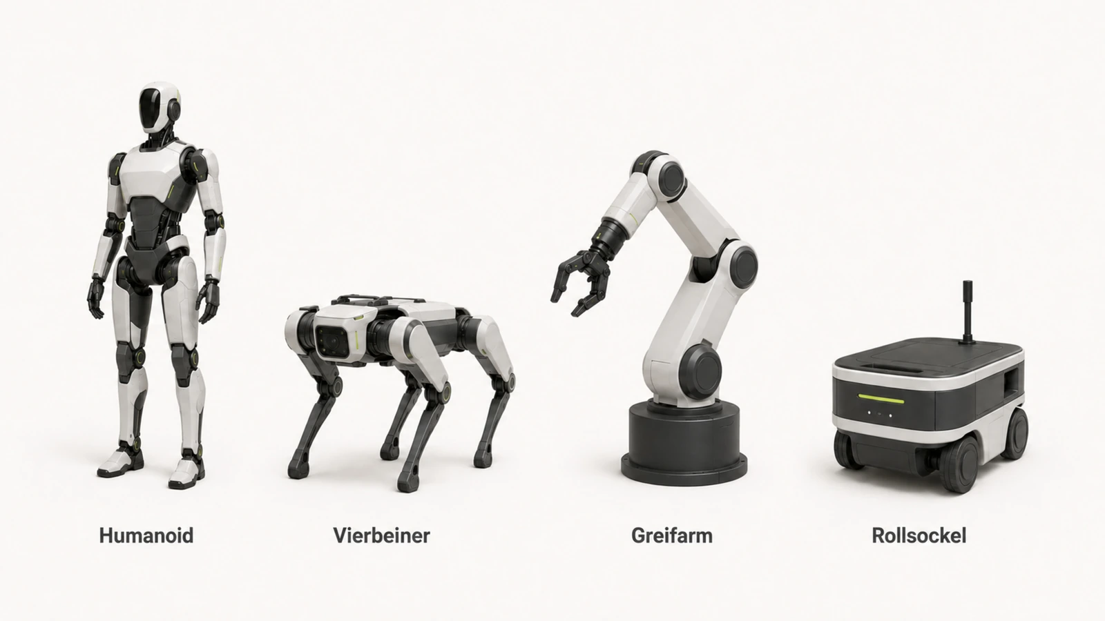 Vier generische Roboter vom Humanoiden bis zum Rollsockel mit Typ-Labels im direkten Vergleich