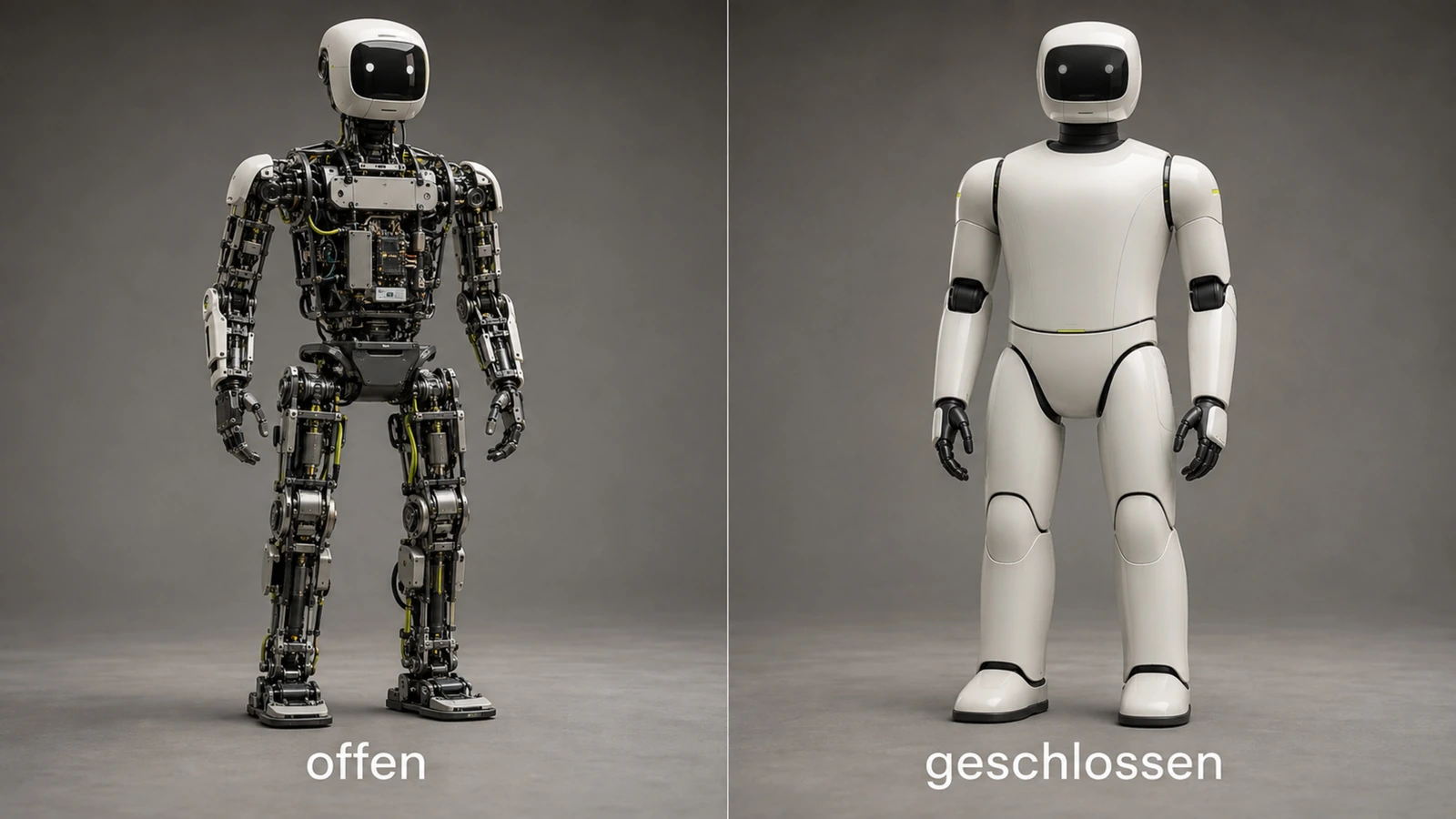 Zwei kontrastierende Roboter, einer offen mit sichtbarer Technik, einer glatt geschlossen