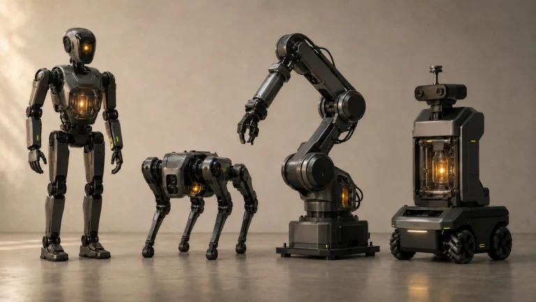 Mehrere sehr unterschiedliche Robotertypen nebeneinander, jeder mit eigenem warmem Licht-Kern als KI-Gehirn
