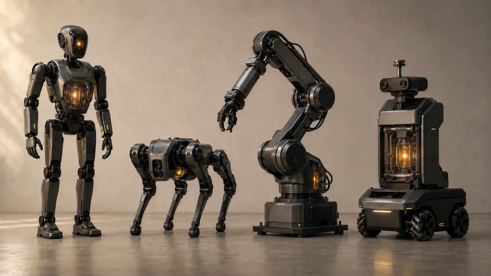 Mehrere sehr unterschiedliche Robotertypen nebeneinander, jeder mit eigenem warmem Licht-Kern als KI-Gehirn
