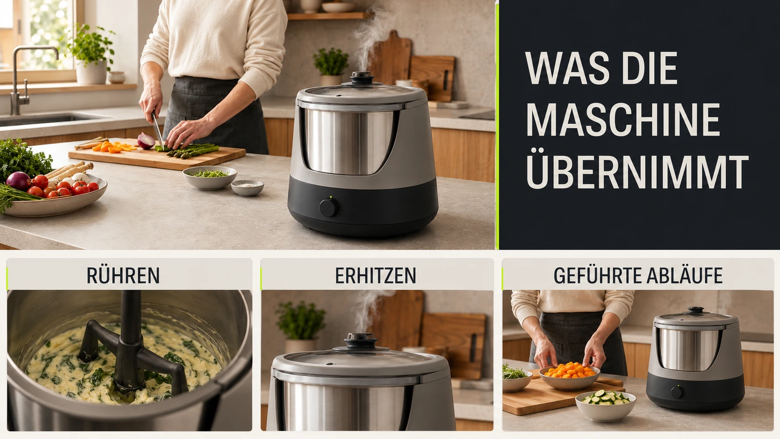 Küchenmaschine kocht, während eine menschliche Hand daneben Gemüse schneidet, Vorbereitung bleibt Handarbeit