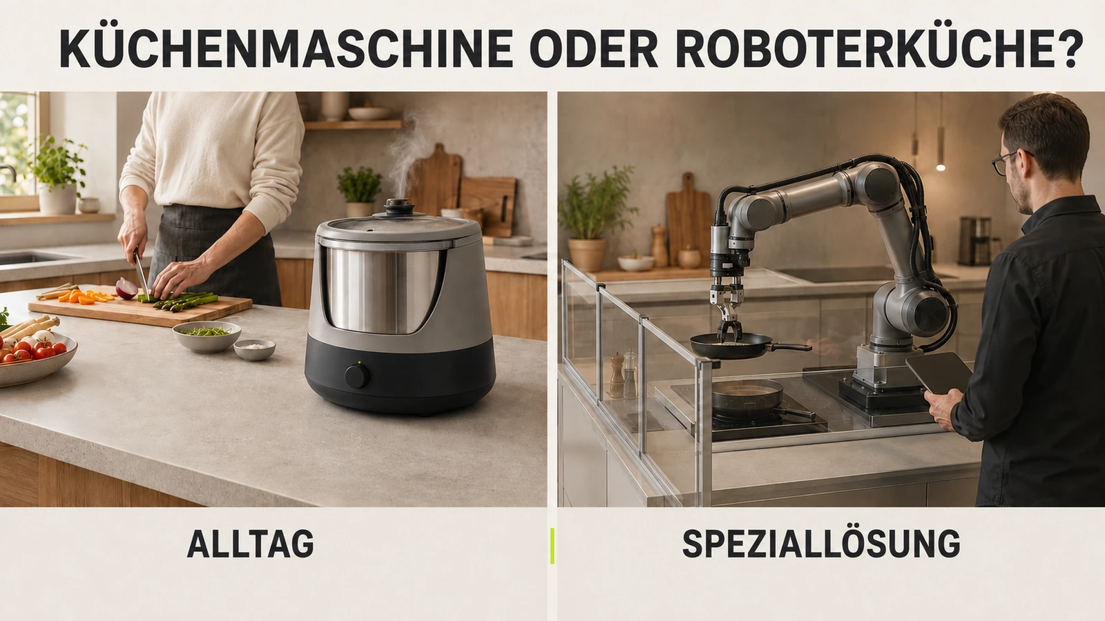 Generischer Roboterarm-Küchenaufbau als seltene Luxus-Andeutung eines echten Kochroboters