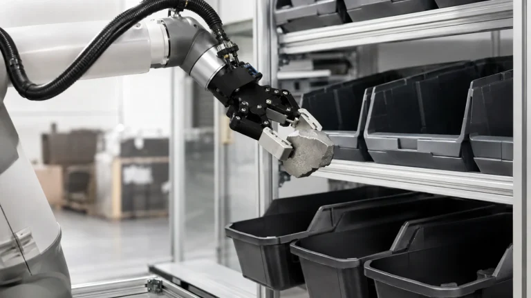 Generischer Roboterarm mit Greifer entnimmt einen einzelnen Artikel aus einem Behälter an der Kommissionierstation