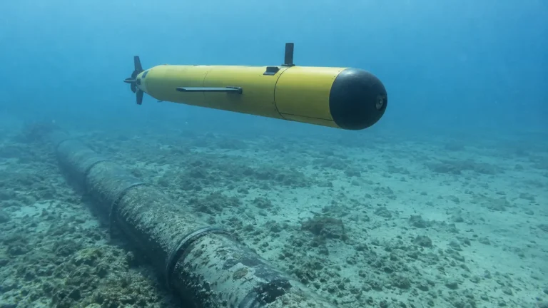 Autonomes Unterwasserfahrzeug über einem Meeresboden mit Pipeline, diffuses Licht von oben.