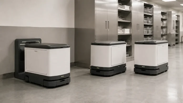 Mehrere autonome Transportroboter an einer Ladestation in einem Krankenhaus-Versorgungsbereich.