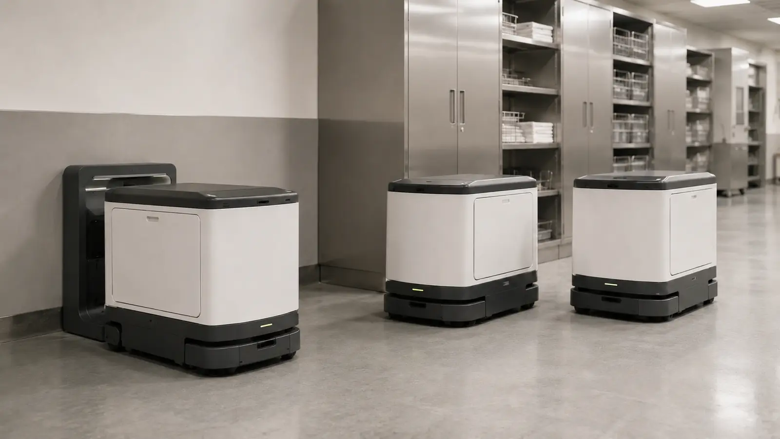 Mehrere autonome Transportroboter an einer Ladestation in einem Krankenhaus-Versorgungsbereich.