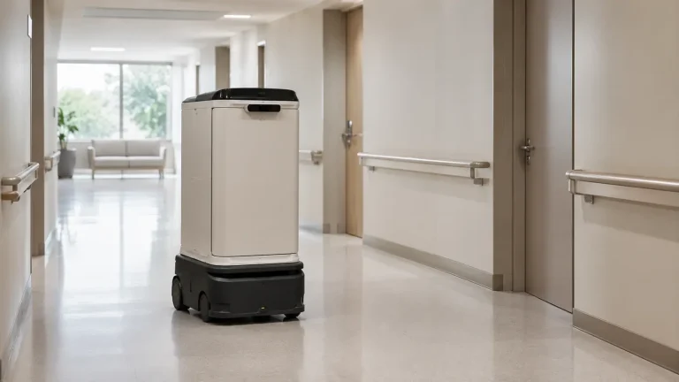 Autonomer Klinikroboter auf einem Krankenhausflur als Sinnbild für Regulierung und Zulassung.