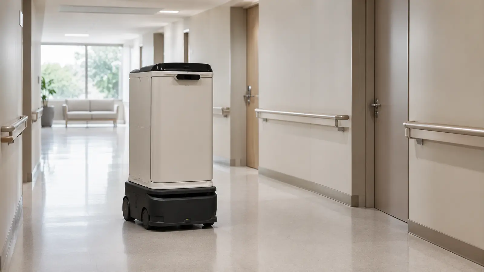 Autonomer Klinikroboter auf einem Krankenhausflur als Sinnbild für Regulierung und Zulassung.