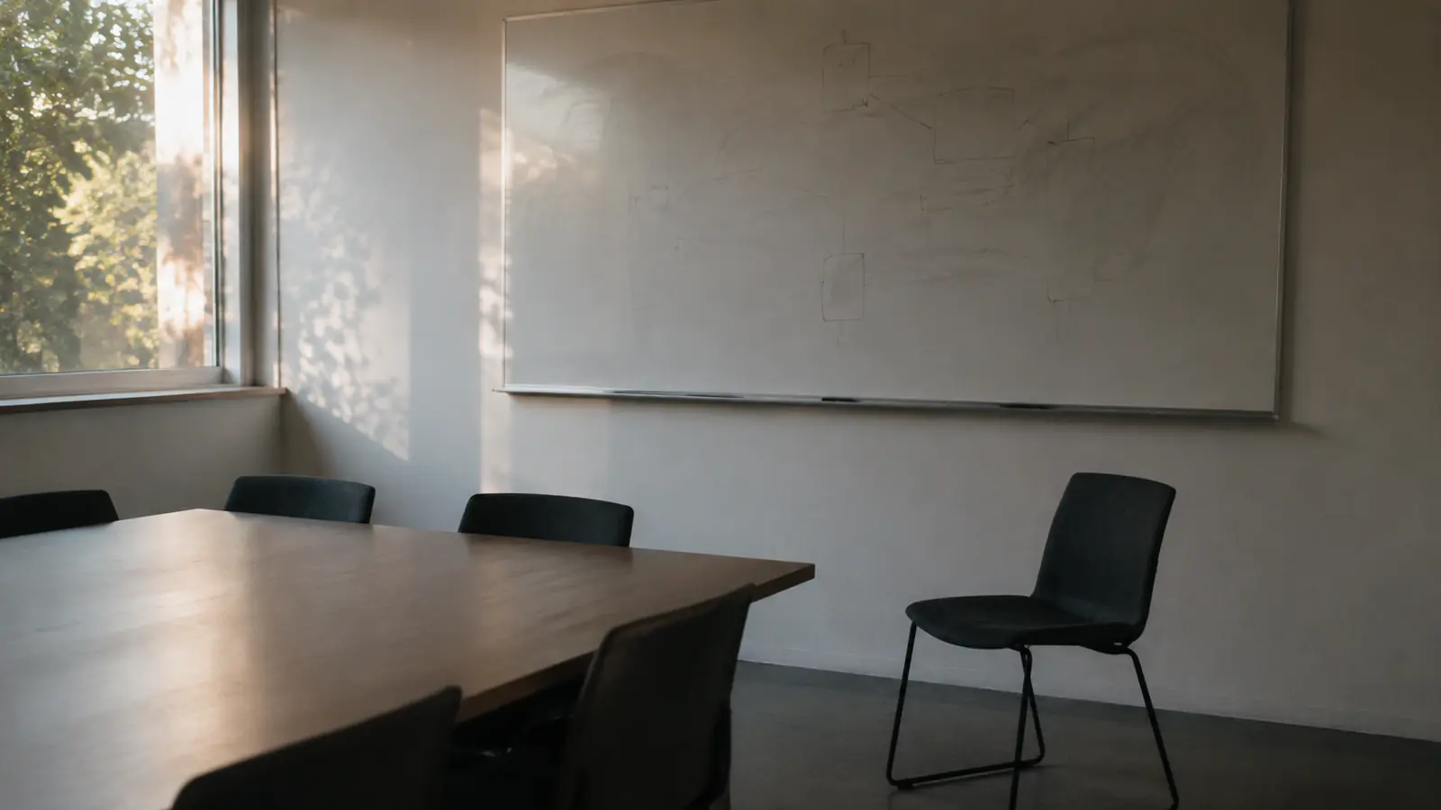 Leerer Besprechungsraum mit einer teilweise weggewischten Skizze auf einem Whiteboard.