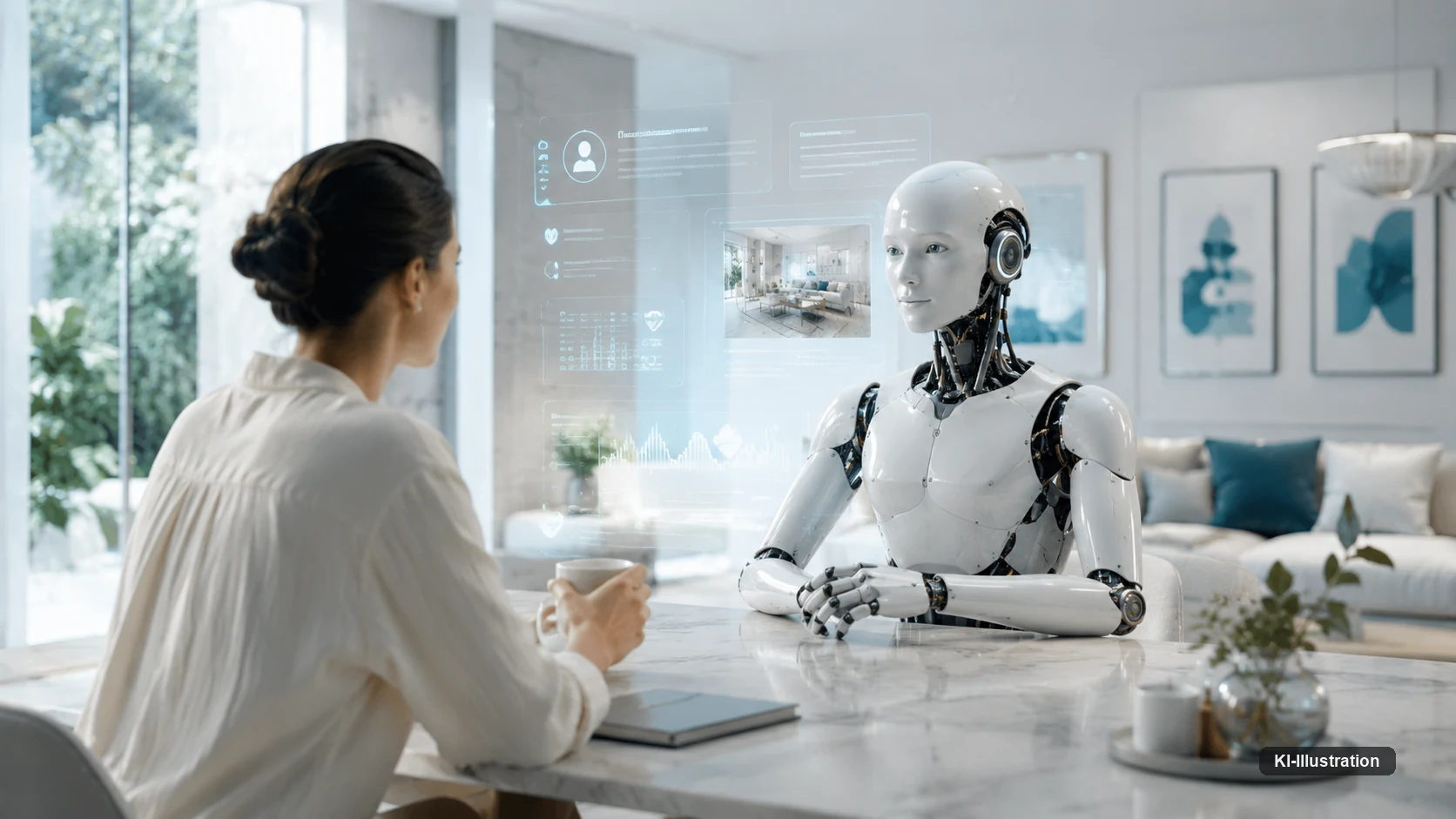 Heller Wohnraum. An einem Tisch sitzen sich eine Frau mit einer Tasse und ein humanoider Roboter mit weißer Verkleidung gegenüber. Links eingeblendet eine halbtransparente Bedienfläche mit Anzeigen zu Wohlbefinden und Datenkontrolle.