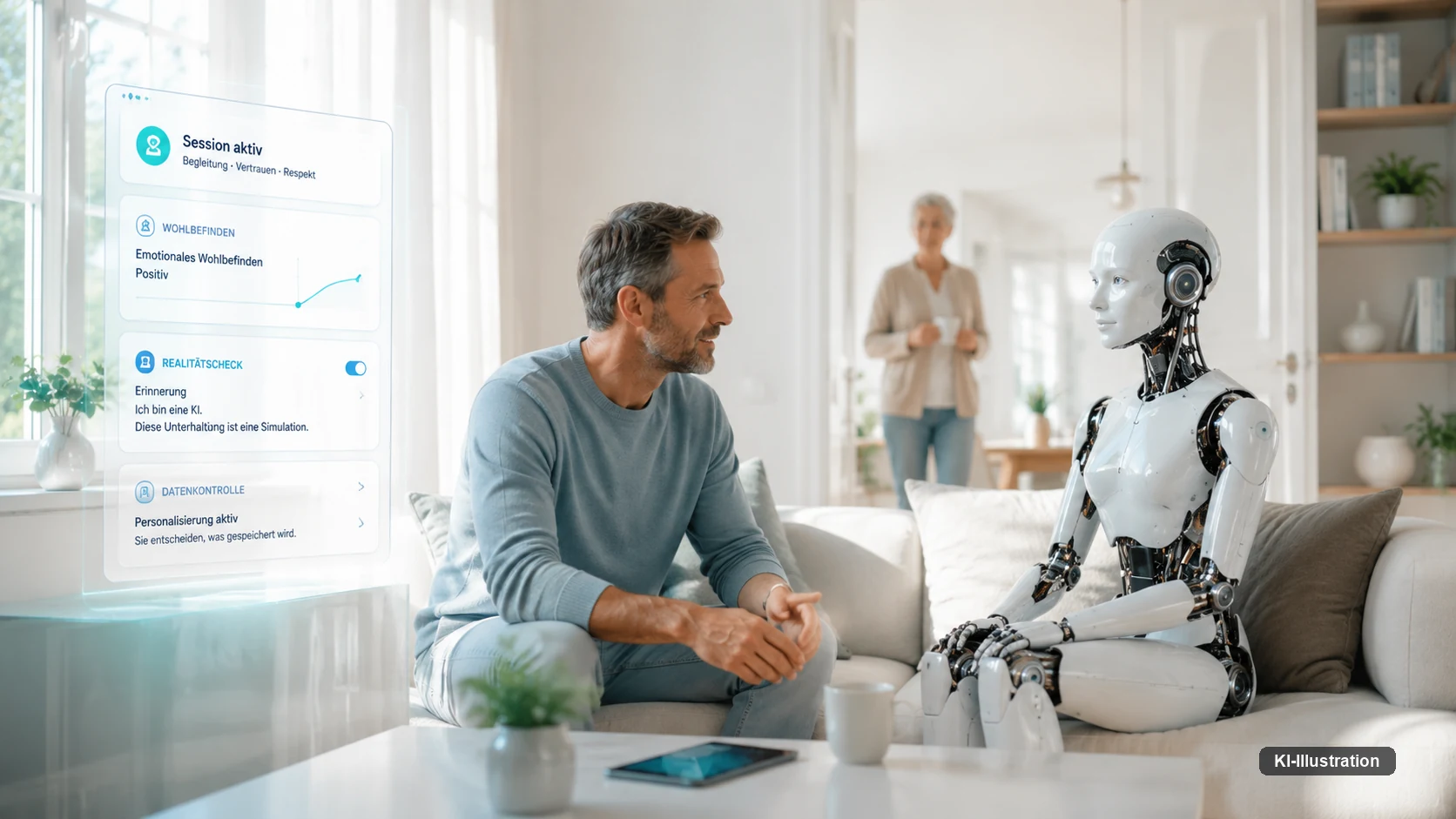 Wohnzimmer mit Sofa. Ein Mann sitzt neben einem humanoiden Roboter, im Hintergrund eine ältere Frau mit einer Tasse. Links eingeblendet eine Bedienfläche mit einem Hinweisfeld, das den Satz zeigt: Ich bin eine KI. Diese Unterhaltung ist eine Simulation.