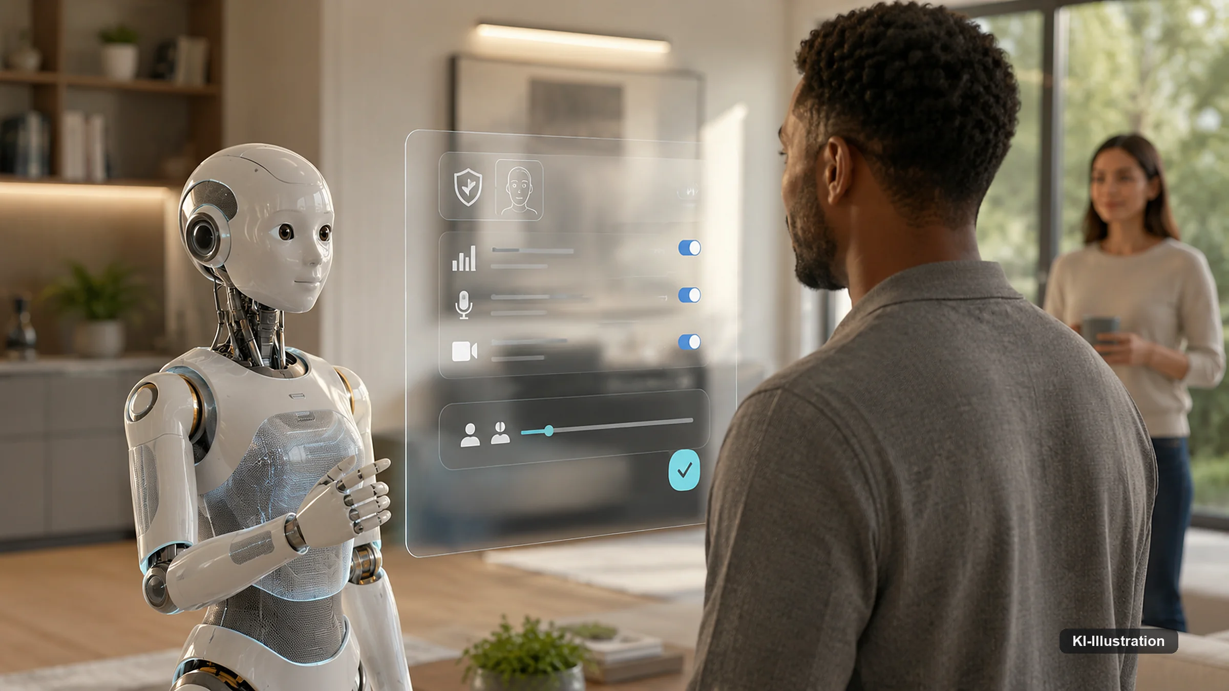 Wohnraum mit einem humanoiden Roboter und einem Mann, zwischen ihnen eine halbtransparente Bedienfläche mit Schaltern für Mikrofon, Kamera und Datenfreigabe. Im Hintergrund steht eine zweite Person mit einer Tasse.