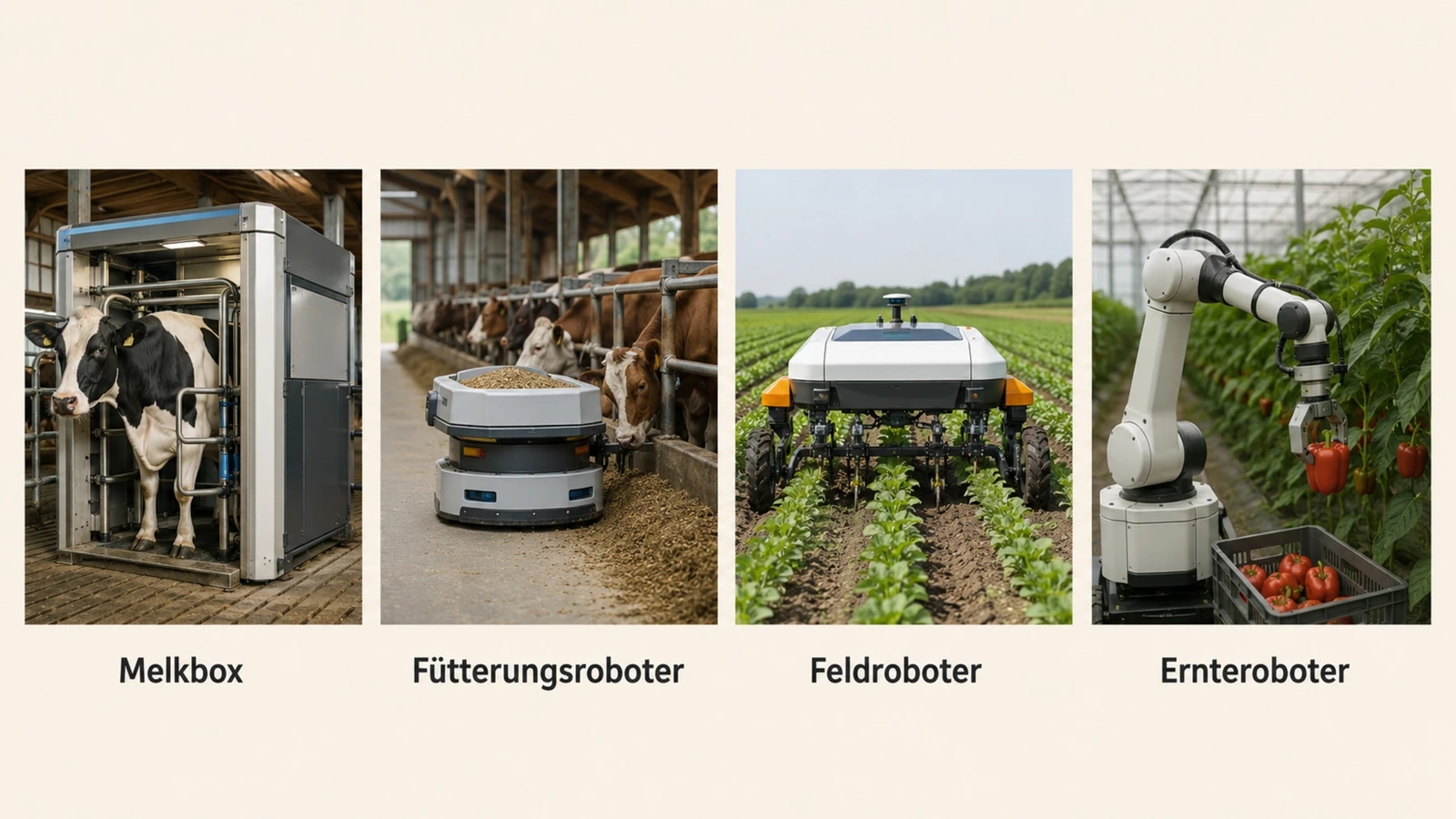 Vier Agrarroboter-Typen von der Melkbox bis zum Ernte-Greifarm nebeneinander als Überblick der Landwirtschaftsroboter