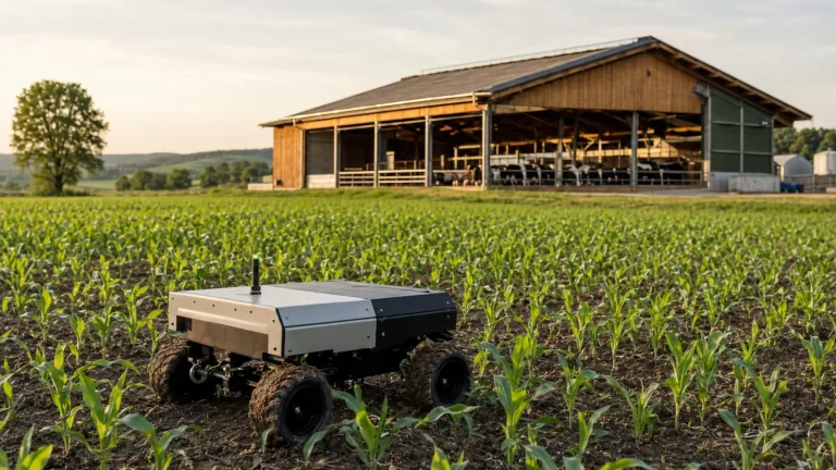 Autonomer Feldroboter auf dem Acker, im Hintergrund ein moderner Stall im goldenen Licht als Landwirtschaftsroboter