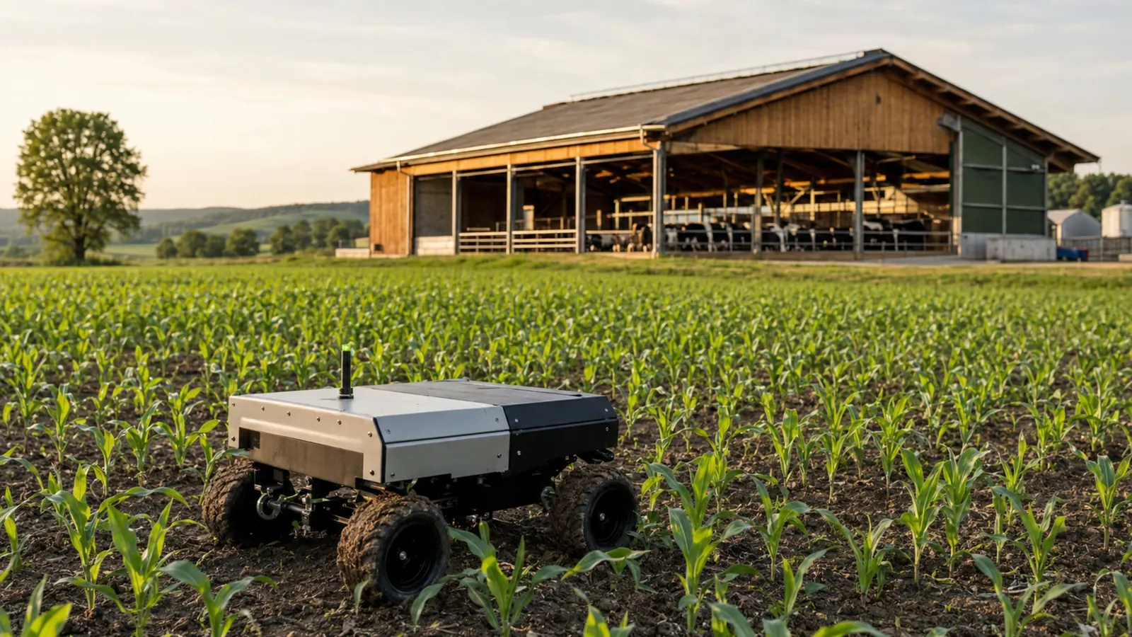 Autonomer Feldroboter auf dem Acker, im Hintergrund ein moderner Stall im goldenen Licht als Landwirtschaftsroboter
