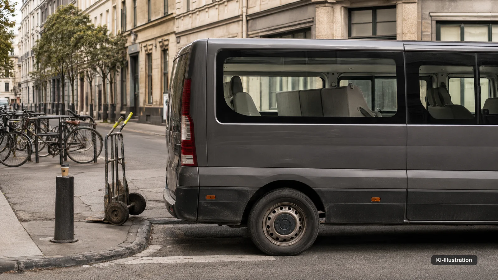 Ein grauer Kleinbus steht am Straßenrand in einer Altstadtgasse. Durch die Seitenfenster sind leere Sitzreihen zu sehen. Auf dem Gehweg daneben ein Poller, eine Sackkarre und ein Fahrradständer.