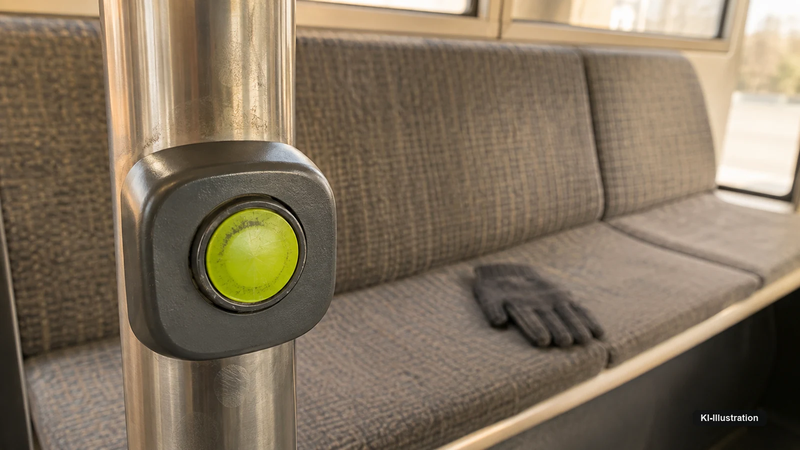 Innenraum eines Kleinbusses im Tageslicht. Im Vordergrund ein grün leuchtender Haltewunschtaster an einer Haltestange, dahinter eine leere Sitzbank aus grauem Stoff. Auf einem der Sitze liegt ein vergessener Handschuh.