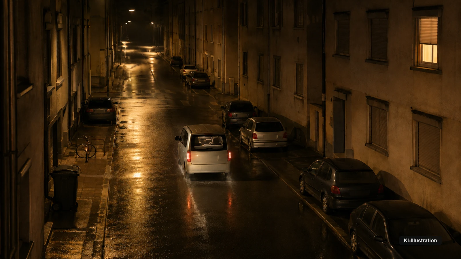 Blick von oben in eine schmale Wohnstraße bei Nacht nach Regen. Der Asphalt spiegelt das Licht der Straßenlaternen. In der Mitte fährt ein heller Kleinbus mit leerem Innenraum, links und rechts stehen geparkte Autos.