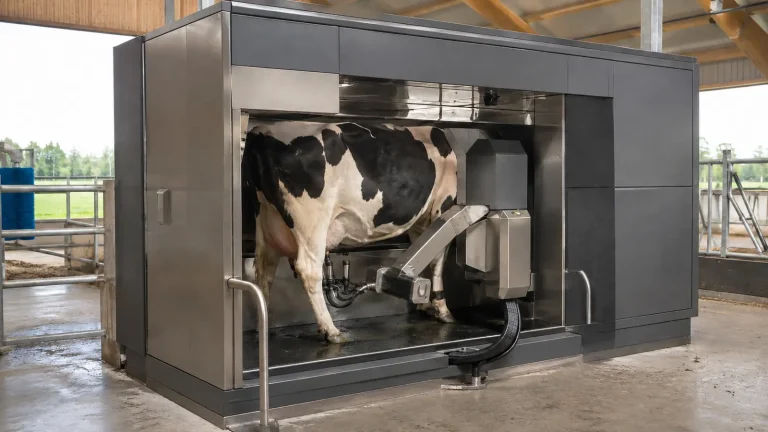 Einbox-Melkroboter mit Roboterarm im Milchviehstall