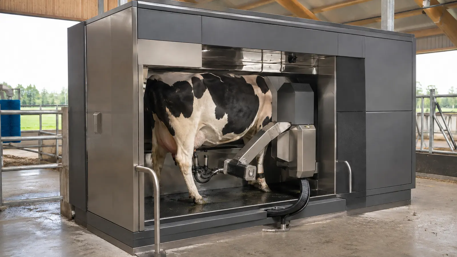 Einbox-Melkroboter mit Roboterarm im Milchviehstall