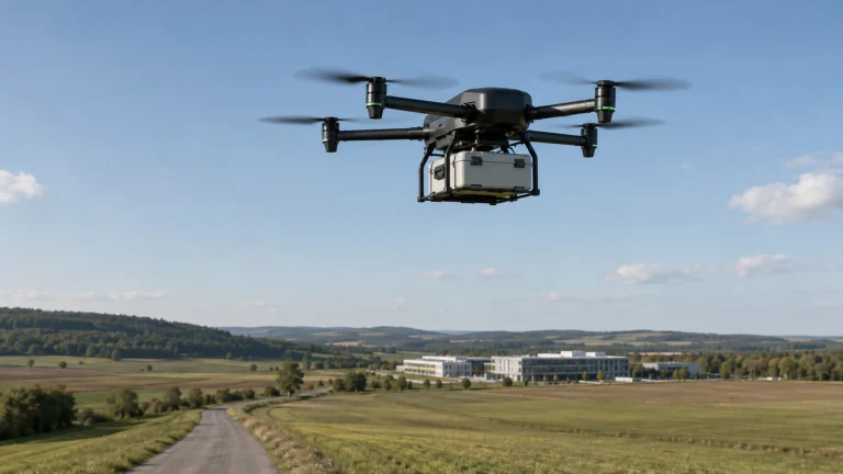 Profi-Transportdrohne mit kleiner Transportbox fliegt über ländliche Verbindungsstrecke, klare Sicht.