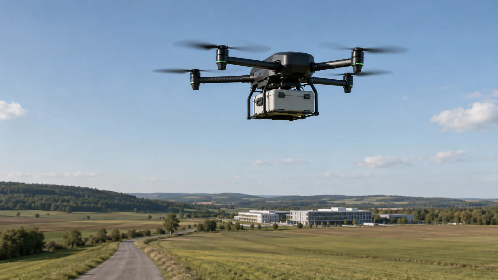 Profi-Transportdrohne mit kleiner Transportbox fliegt über ländliche Verbindungsstrecke, klare Sicht.