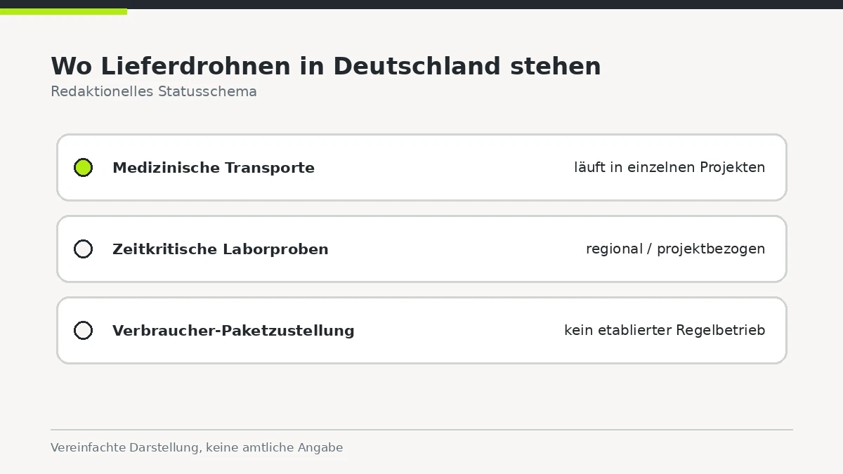 Statusschema, das medizinische Transporte als laufend und Verbraucher-Paketzustellung als nicht existent zeigt.