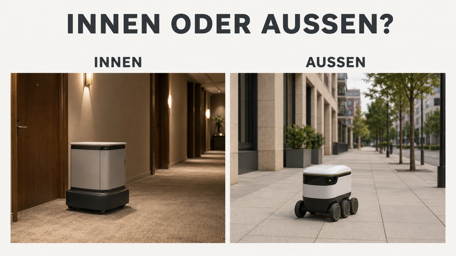 Lieferroboter fährt durch einen Flur mit Türen links und rechts, Innen-Zustellung