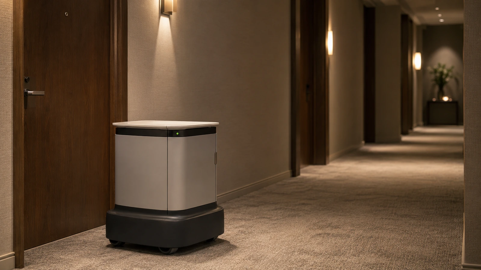 Geschlossener Lieferroboter steht vor einer Zimmertür im Hotelflur bei ruhiger Nachtbeleuchtung