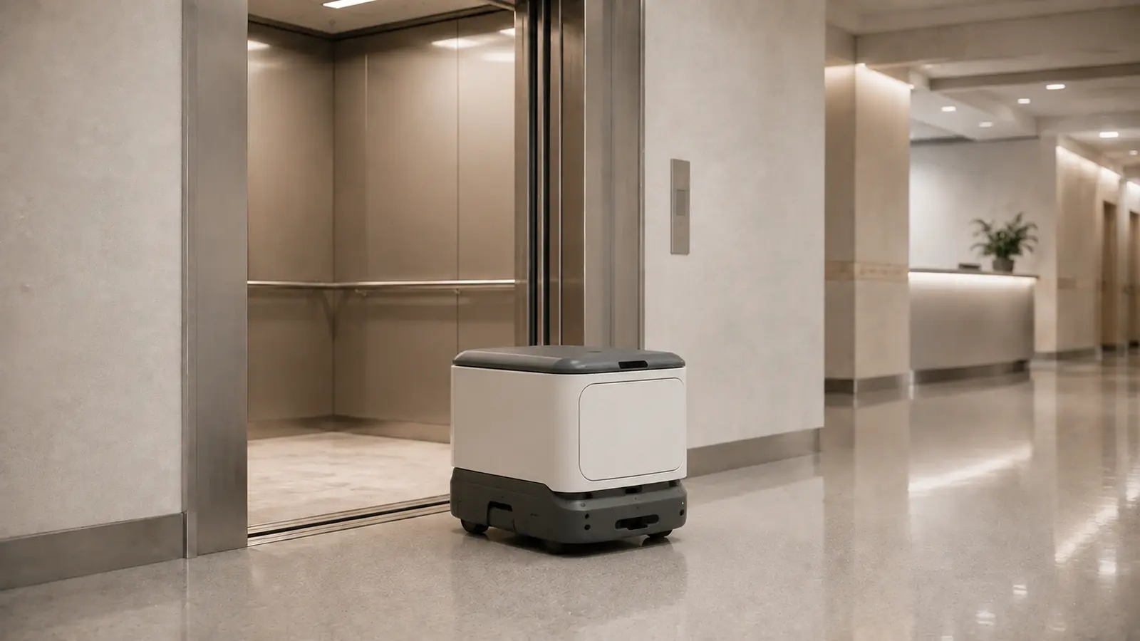 Lieferroboter wartet vor einem Personenaufzug in einer Klinik.