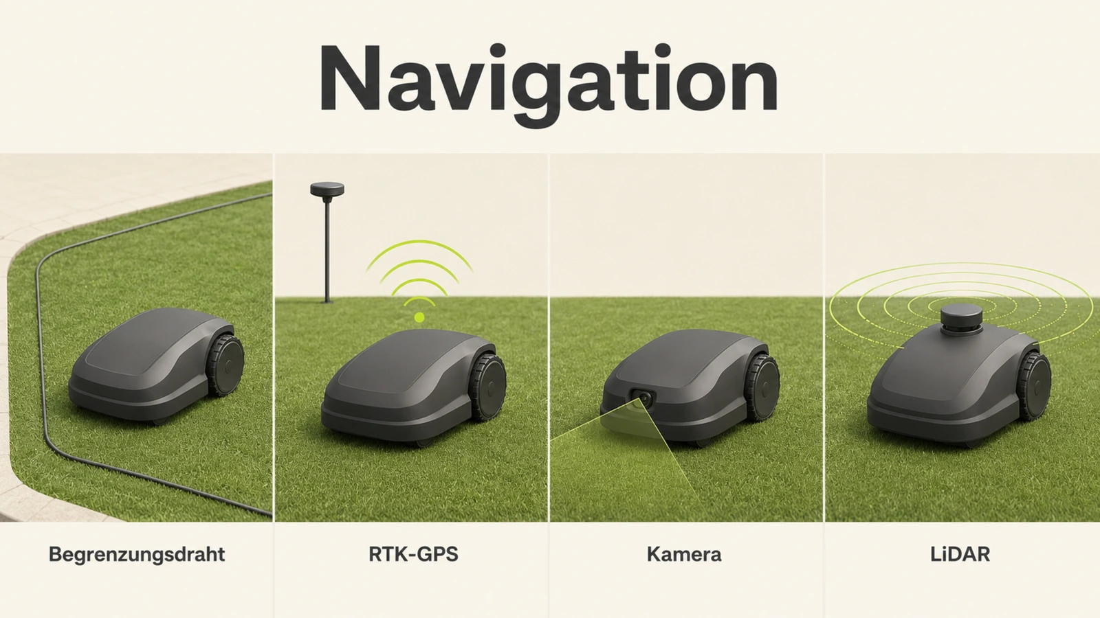 Infografik: Navigationsarten für Mähroboter mit Begrenzungsdraht, RTK-GPS, Kamera und LiDAR