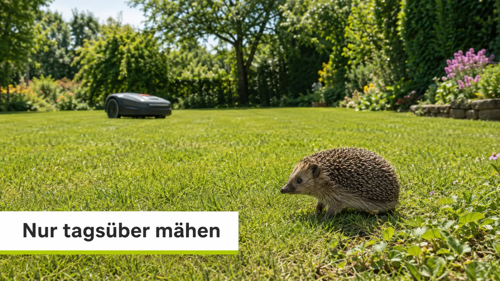 Mähroboter auf dem Rasen bei Tag, im Vordergrund ein Igel in sicherem Abstand