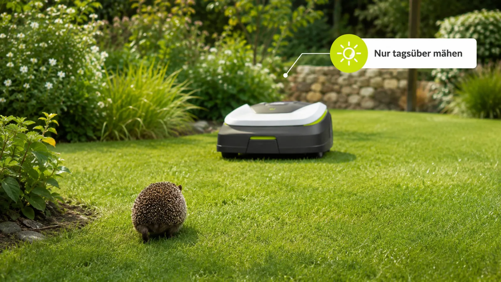 Mähroboter bei Tag, im Vordergrund respektvoll ein Igel in sicherem Abstand